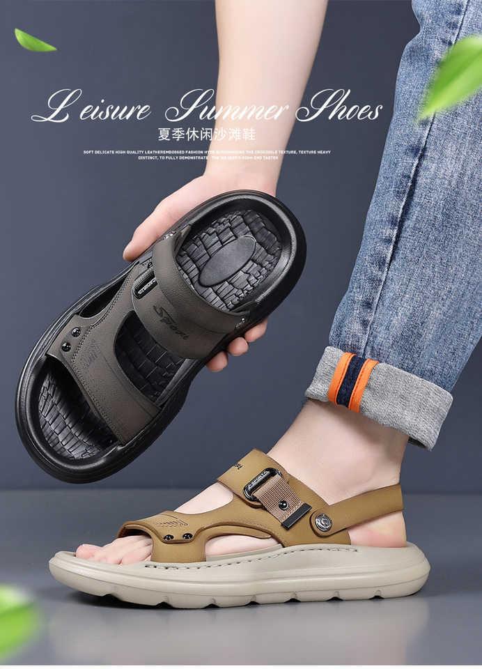 Dép sandal nam da thật đế xốp nhẹ thủ công, gót 3,5 cm, thoáng khí chống trượt — màu vàng chi tiết 1