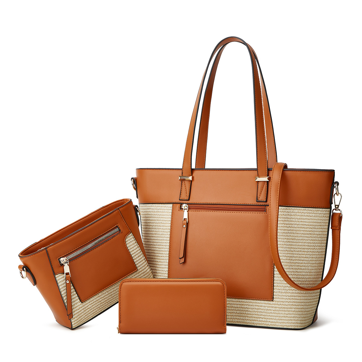 2025 New Tote Cross-Border Patchwork Color Woven Handbag Crossbody Bag Three-Piece Set_voghion.com