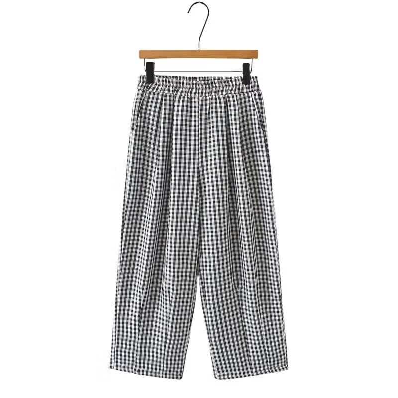 Большие размеры 200 фунтов повседневные брюки женские черно-белые клетчатые широкие ножки летние свободные толстые MM тонкие и удобные прямые брюки 729