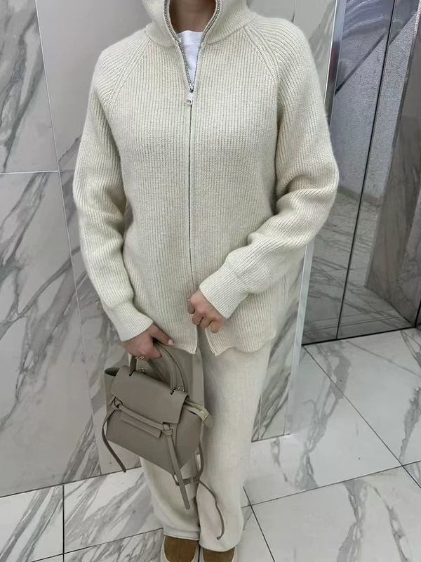 欧美针织拉链毛衣外套长裤套装Knitted zipper sweater pants set|undefined