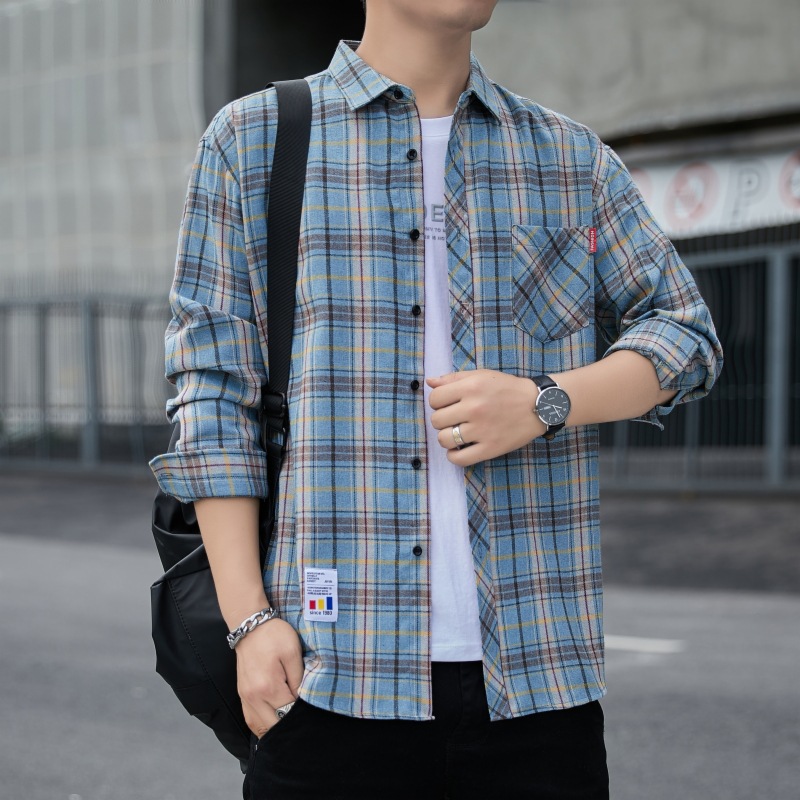 2023 camisa a cuadros suelta de los hombres abrigo de otoño estudiante camisa de manga larga camisa casual de los hombres entrega de una sola pieza