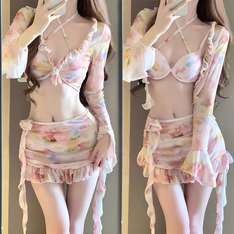 Bikini de baño de cuatro piezas de manga larga impresión de moda dulce y sexy acero de soporte de arena al por mayor