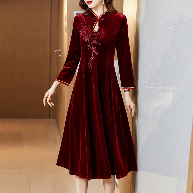Velvet cheongsam dress, demi‑season burgundy, embroidered, long sleeves, elegant evening wear
