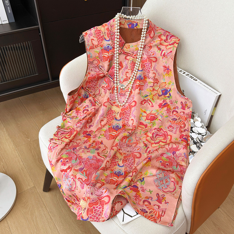 新しい中国風のナショナルスタイルのボタン付きトップス女性の夏のレトロなジャカードミッドレングスシャツ薄いシルクノースリーブシャツ|undefined