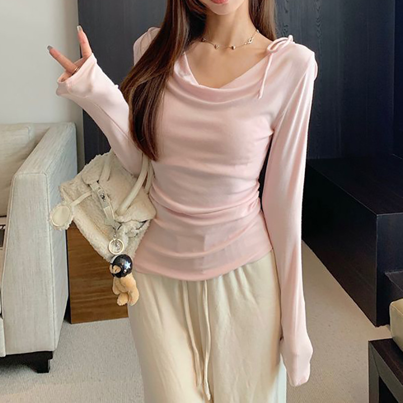 Gentle Sweet Girl Style Bow Tie Swing Collar Long-Sleeved T-Shirt Women's Autum Slimming Look Pure Desire Pure Color Top