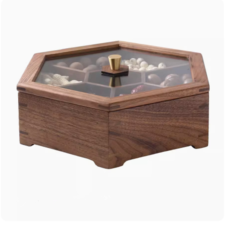 Placa de fruta seca hexagonal de nogal negro Placa de aperitivo atmosférica de alta gama sala de estar creativa rejilla Placa de tuerca hogar madera maciza