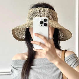 手工编织咸草镂空草编空顶帽女夏季度假草帽可折叠大帽檐防晒帽子