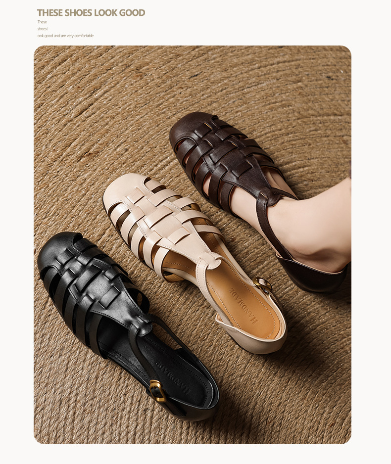 Sandal nữ da bò dệt rỗng quai chữ T phong cách Anh, mũi tròn đế bệt La Mã — màu nâu chi tiết 11