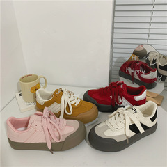 2023秋季平底低幫帆布鞋女韓版運動休閒德訓鞋皮面仿牛絨板鞋代發