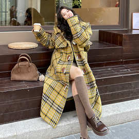 实拍黄色格子牛角扣呢大衣女秋冬2026新款夹棉加厚毛呢外套高级感