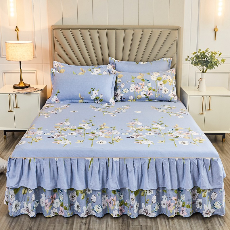 Falda de cama coreana Falda de cama de algodón de imitación agradable para la piel Funda de cama individual para dos piezas de tres piezas Funda de cama de encaje de doble capa de tres piezas image 5