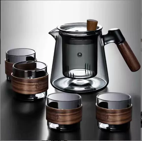 现货高硼硅烟灰色泡茶壶侧木把玻璃茶具家用茶壶套装漏茶壶三件套