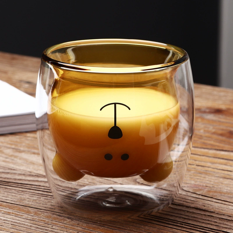 Double-wall Glass Cup (Little Bear) 250 ml — Cute Inner Bear, Insulated Colorful Home Mug