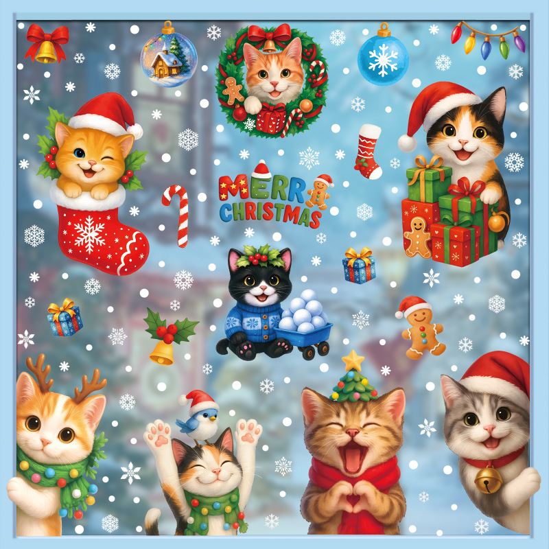 Amazon クリスマスステッカークリエイティブ子猫静電ステッカークリスマスパーティー用品スノーフレークベルガラスステッカー|undefined