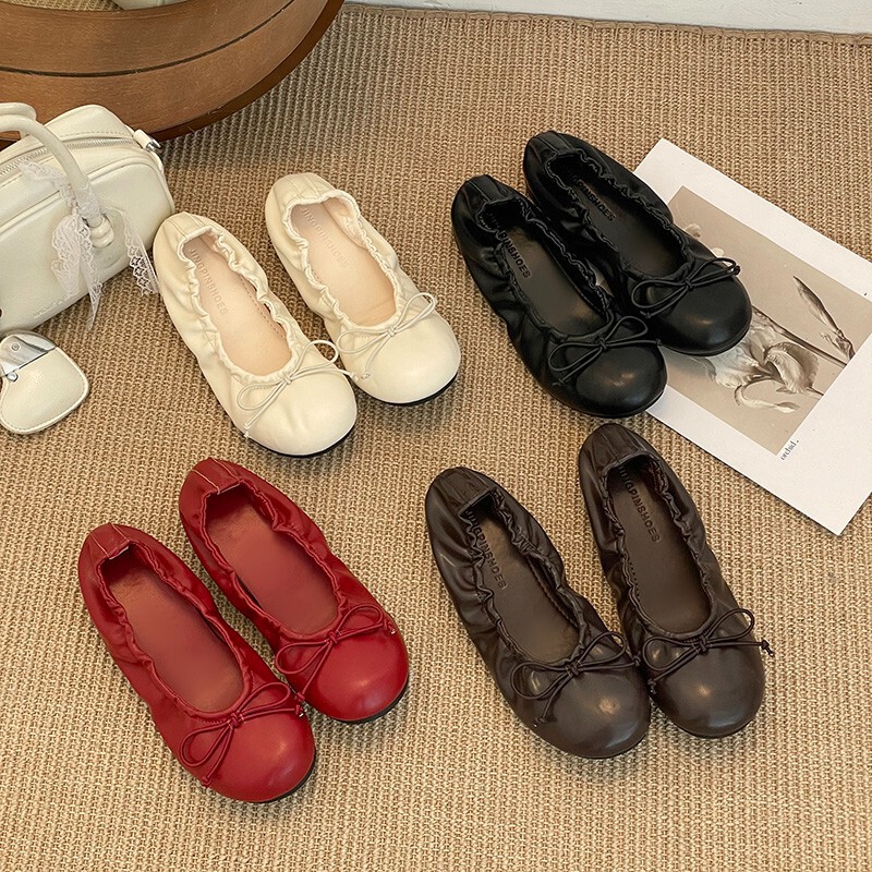 Soft Leather Version~Flat-Soled Ballet Shoes with Hidden Height Increase, 2026 Summer New Style, Sweet Round-Toe Bow-Knot Pleated Single Shoes Soft Leather Version~Flat-Soled Ballet Shoes with Hidden Height Increase, 2026 Summer New Style, Sweet Round-Toe Bow-Knot Pleated Single Shoes