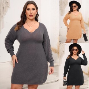 Cross-border European and American plus size women's clothing autumn and winter New V-neck woven sweater skirt waist-tight bottoming skirt dress women 635