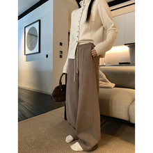 百视旺 抗起球人字纹桑蚕丝羊毛加绒裤子女冬季双腰头阔腿休闲裤