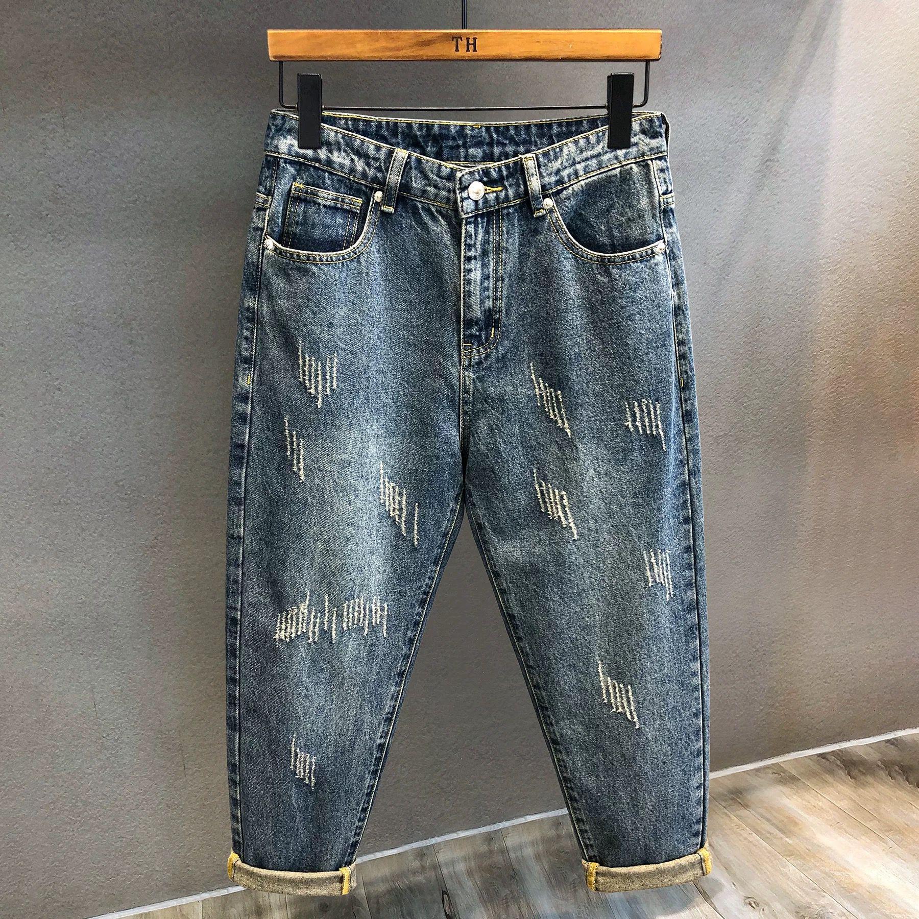 Men's Clothing Retro Claw Print Jeans - Korean Loose Straight Leg Pants, Light Blue Washed Denim With Stretch, Mid Rise Casual Trousers_mkmklike.com