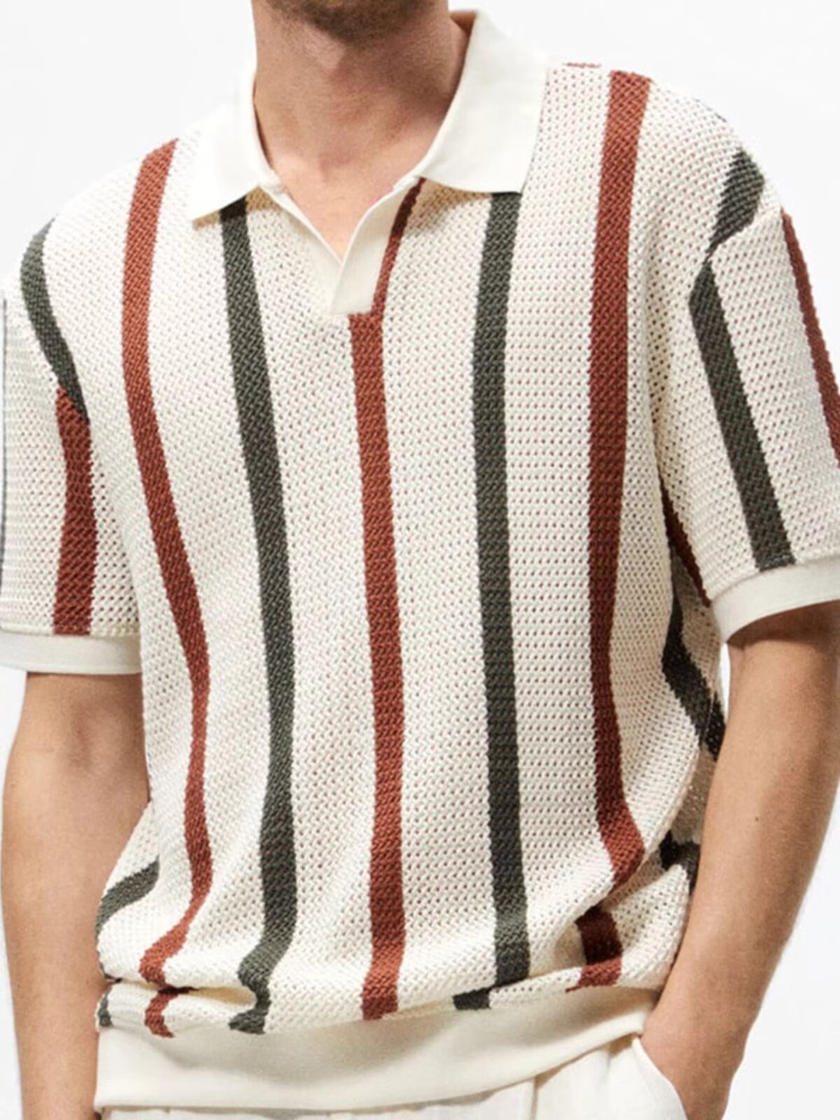 2025 Summer Thick Knit Hollow Knit Sweater Men's Striped Contrast Color Wool Casual Trendy Lapel Top