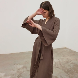2024秋冬新品简约纯棉棕色长袖睡袍浴袍欧美跨境家居服女sc3064