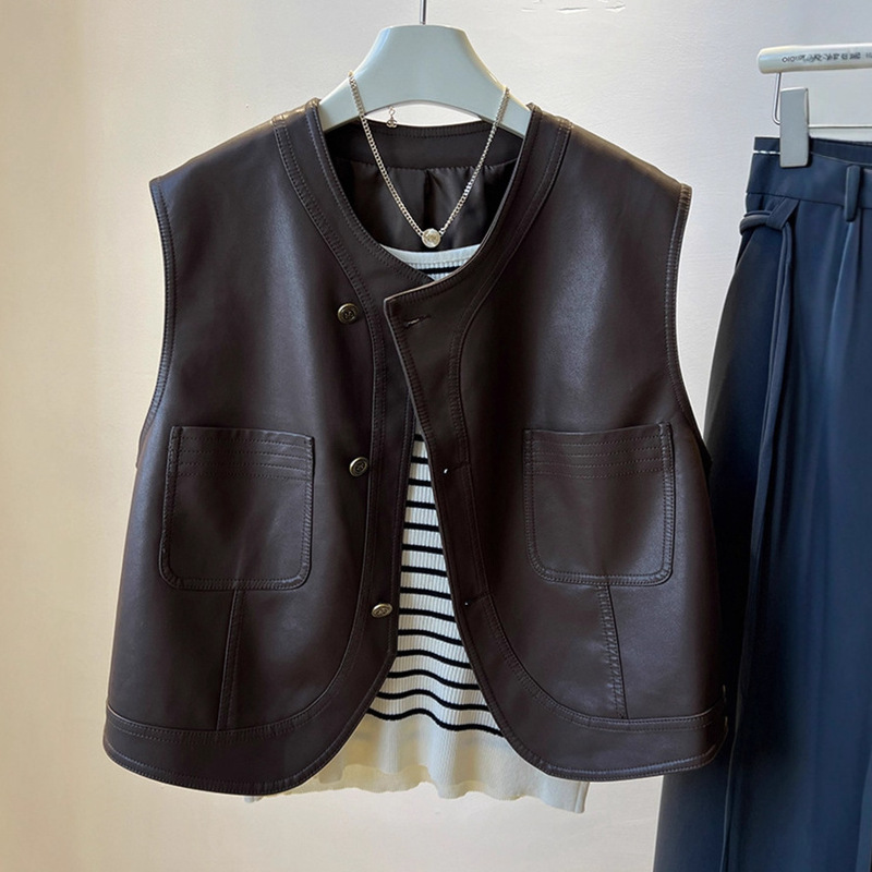 Coffee-Colored Vest, French Retro Pu Leather Vest for Women, 2025 Autumn, High-End Single-Breasted Layered Waistcoat Jacket 7627