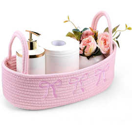 跨境粉色蝴蝶结棉绳储物篮马桶水箱盖卫生纸收纳筐台面棉绳收纳篮