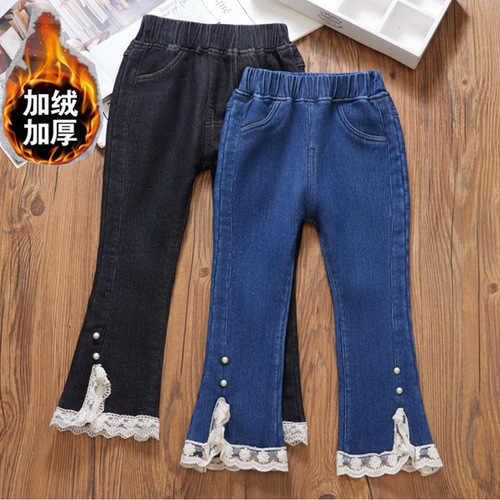  new winter girls' jeans plus velvet and thickened medium and large children's clothing girls' bell bottoms warm children's cotton pants
