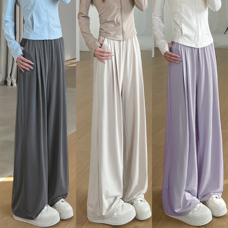 Upf50+ Cool Leather Draped Ice Silk Wide-Leg Pants for Women Slim Straight Pants Ice Silk Sun Protection Casual Pants Spring and Summer