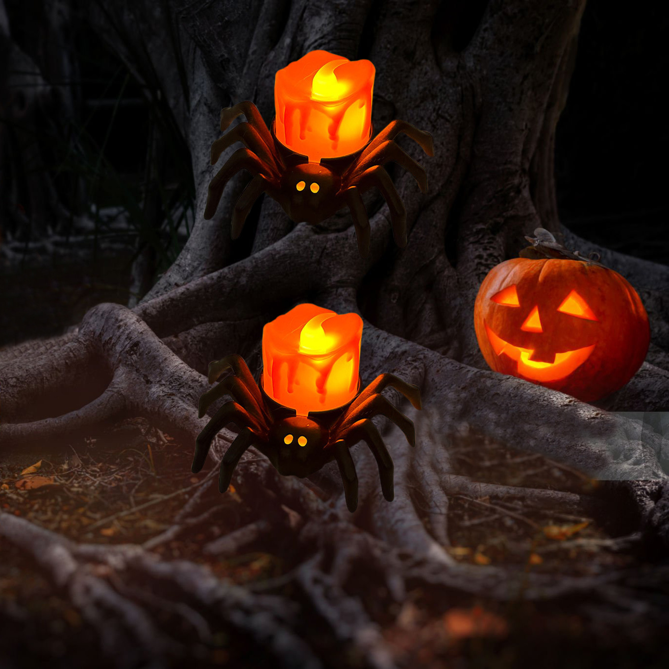 Lámpara de calabaza de Halloween luminosa araña luz nocturna atmósfera decoración props LED adornos de vela electrónica