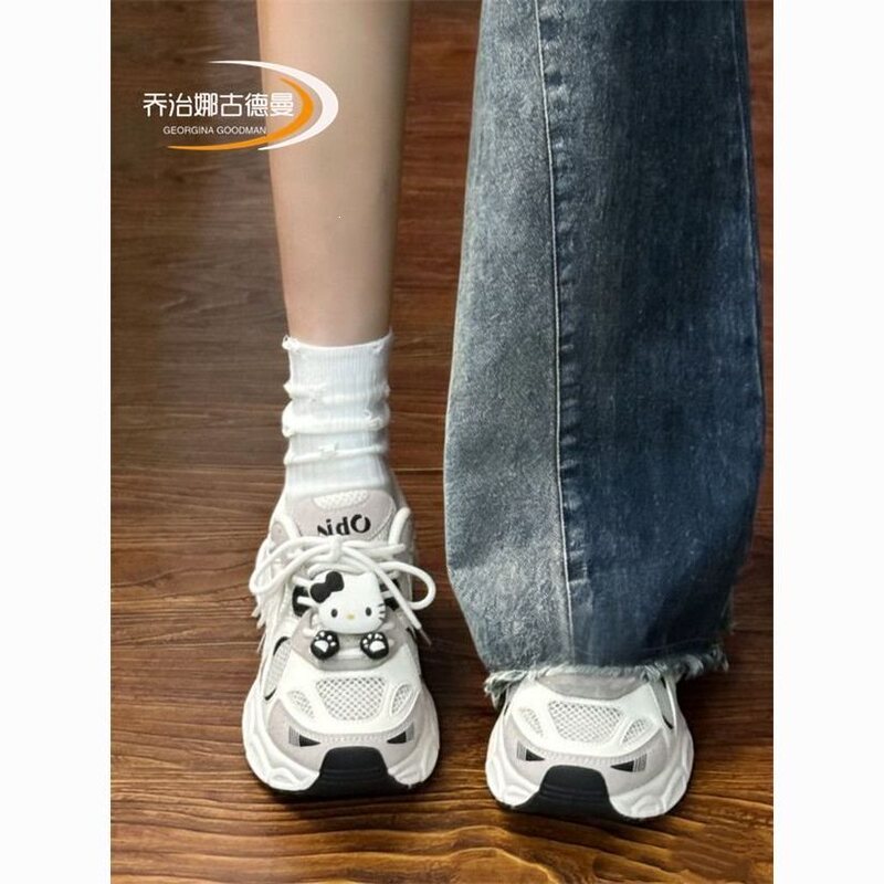 High-Appearance Original Niche White Hello Kitty Dad Shoes for Women, Breathable Mesh Summer Casual Platform Shoes