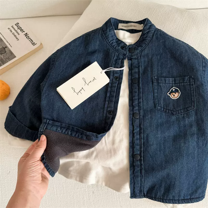 儿童衬衫2025眯眯眼冬季新品男女童加厚小熊衬衫宝宝圆领牛仔衬衣