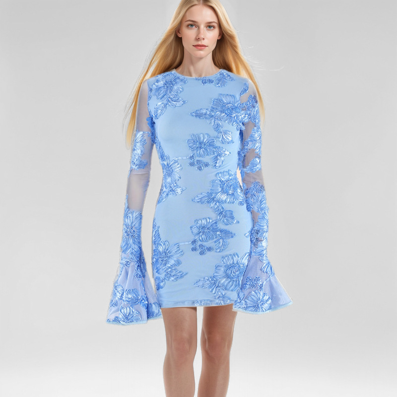 in stock Mesh Embroidered Sexy Trumpet Long-Sleeved Mini Skirt Women's Round Neck Stretch Slim-Fit Backless Short dress