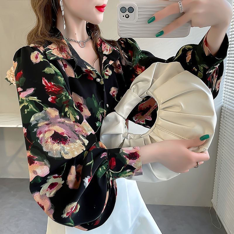 减龄洋气红色印花春秋衬衫女新款翻领宽松灯笼袖衬衣雪纺上衣|undefined