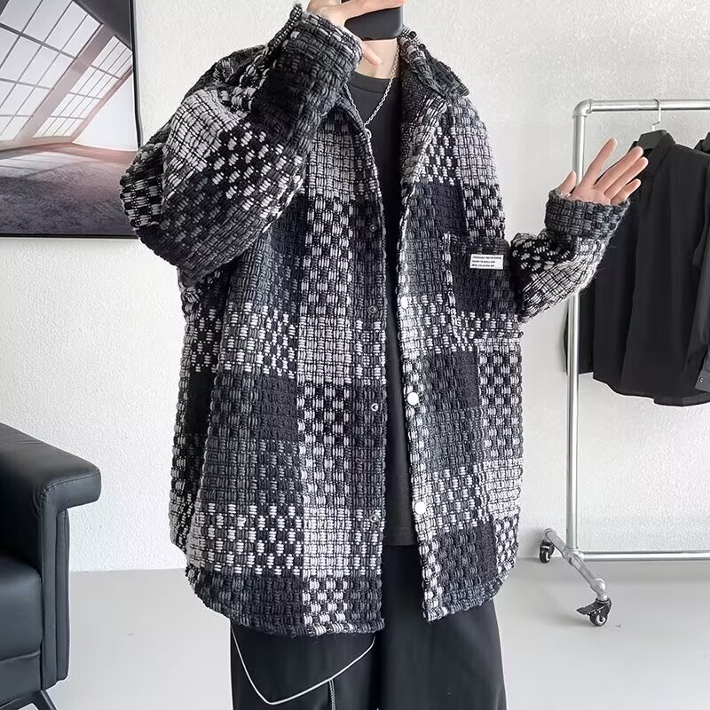 秋冬新款潮牌小香风外套男士格子夹克韩版撞色宽松情侣翻领上衣服|undefined