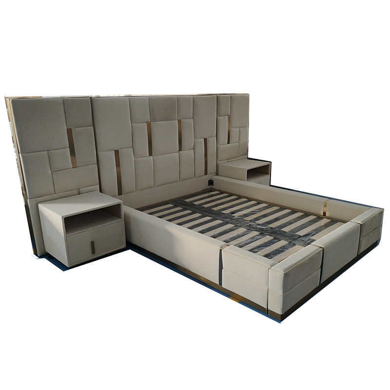 輕奢床大戶型臥室加長加寬皮床不鏽鋼鍍金五金拉絲高端皮床外貿