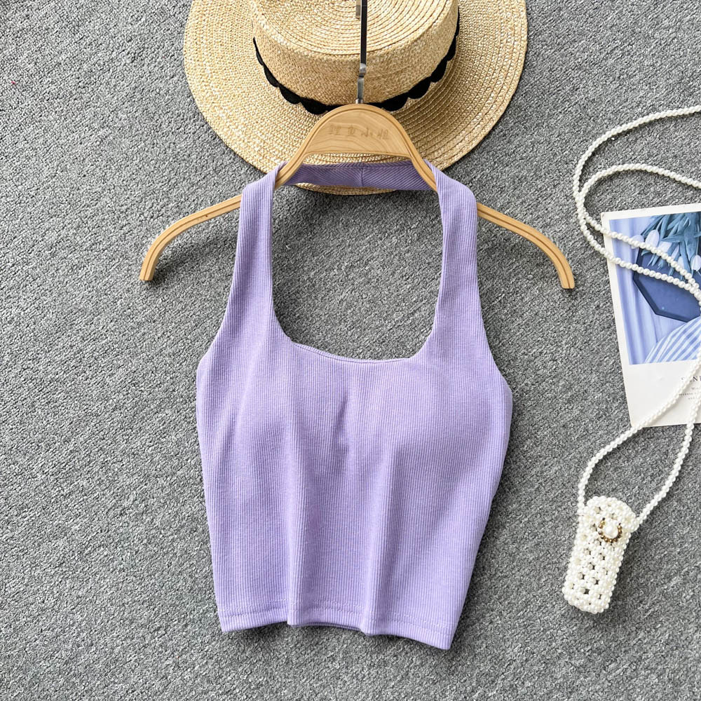 84g Weight Cotton, Rib Fabrics Fabric Type Short Top Length Vest Tops Type Holiday, Banquet, Daily Occasion Halter Neck Neckline Slim Fit Type Solid Color Pattern Summer Season Women's Gender Elegant, Streetwear Style Wholesale Women's Elegant Streetwear Solid Color Tank Tops 29