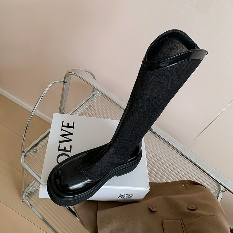 Boot lưới da thật cổ cao mũi tròn đế dày phối màu thoáng khí mùa hè — Màu đen cổ ống lớn, Ống nhỏ màu đen, Chu vi ống lớn màu trắng Be, Ống nhỏ màu be chi tiết 16