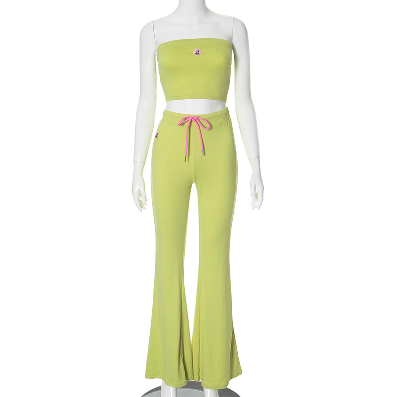 Suit Embroidery Tube Top High Waist Casual Trousers Two Piece Set