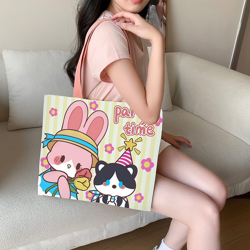 생일 축하 고양이 토끼 노란색 (지퍼 있음, 내부 포켓 없음, 양면 인쇄)