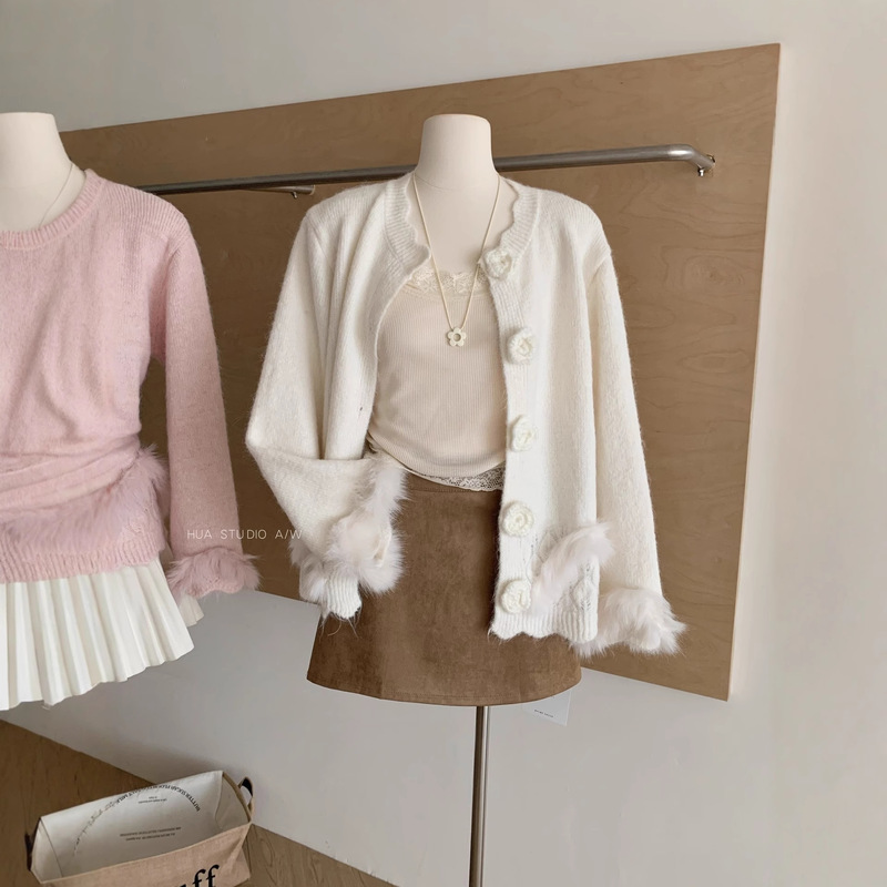 韩系温柔风毛绒拼接针织开衫女秋冬甜美立体花朵宽松软糯毛衣外套|undefined