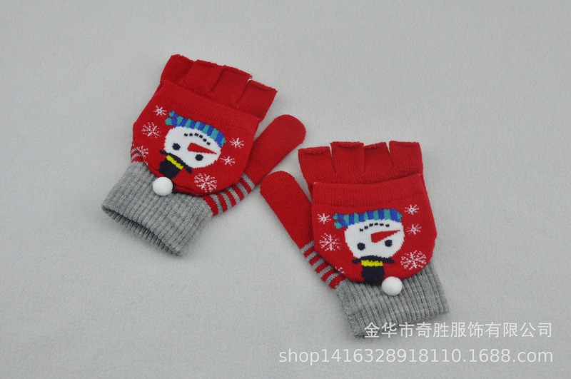 ハロウィーンクリスマス鹿雪だるまニットジャカード手袋冬防寒保温カバー半指手袋|undefined