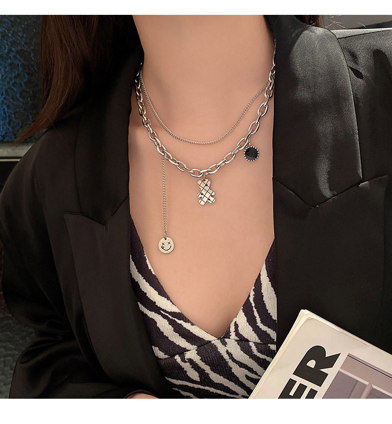 Double Layered Necklace Titanium Steel Teddy Bear Pendant Minimalist_voghion.com