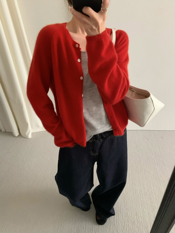 TG 简约穿搭浣熊羊毛软糯毛衣女2025秋季新款插肩袖系扣开衫25629|undefined
