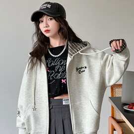 女童格子帽拼接连帽外套秋装中大童春秋新款拉链衫春秋新款夹克衫