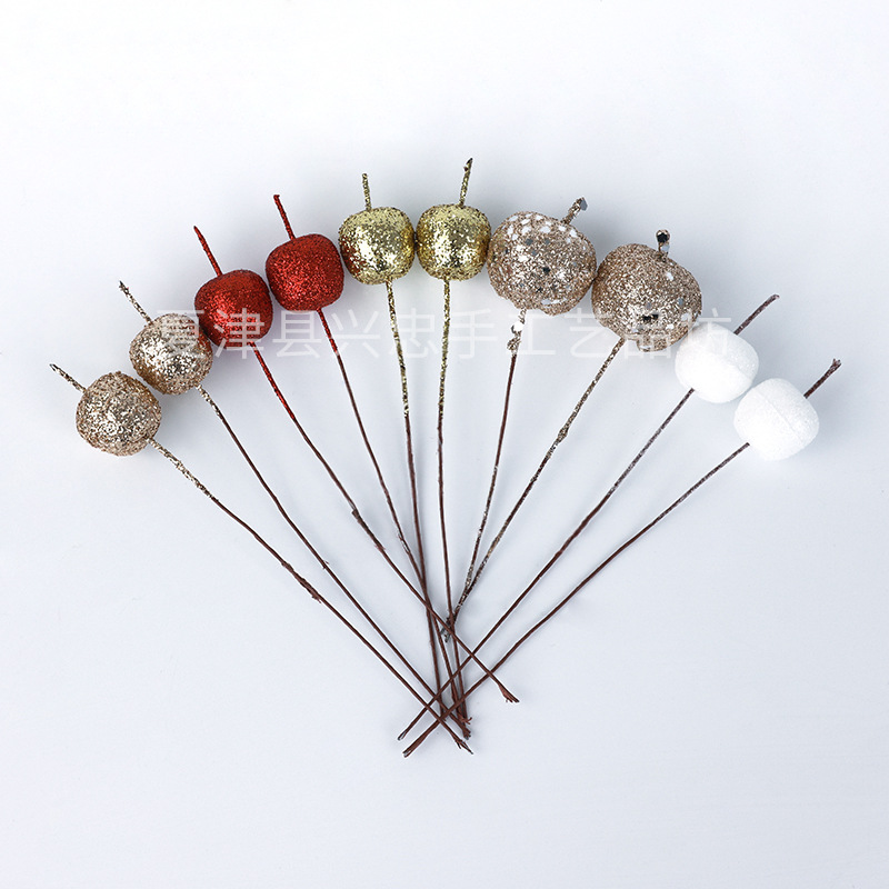 圣诞装饰亮粉苹果球金银红果花环配件装饰金属色浆果枝金粉小苹果