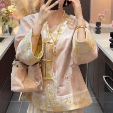 巨好看的唐装新中式国风粉色外套女2025秋款气质百搭温柔宽松上衣