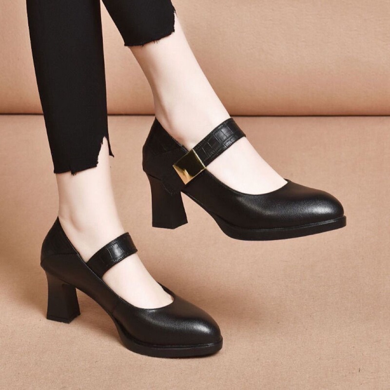 Mom's Leather Shoes Are Comfortable for Middle-Aged and Elderly Women, Thick-Heeled Work Shoes, Non-Slip Soft Leather High-Heeled Shoes, All-Season Single Shoes, Dance Shoes for Women