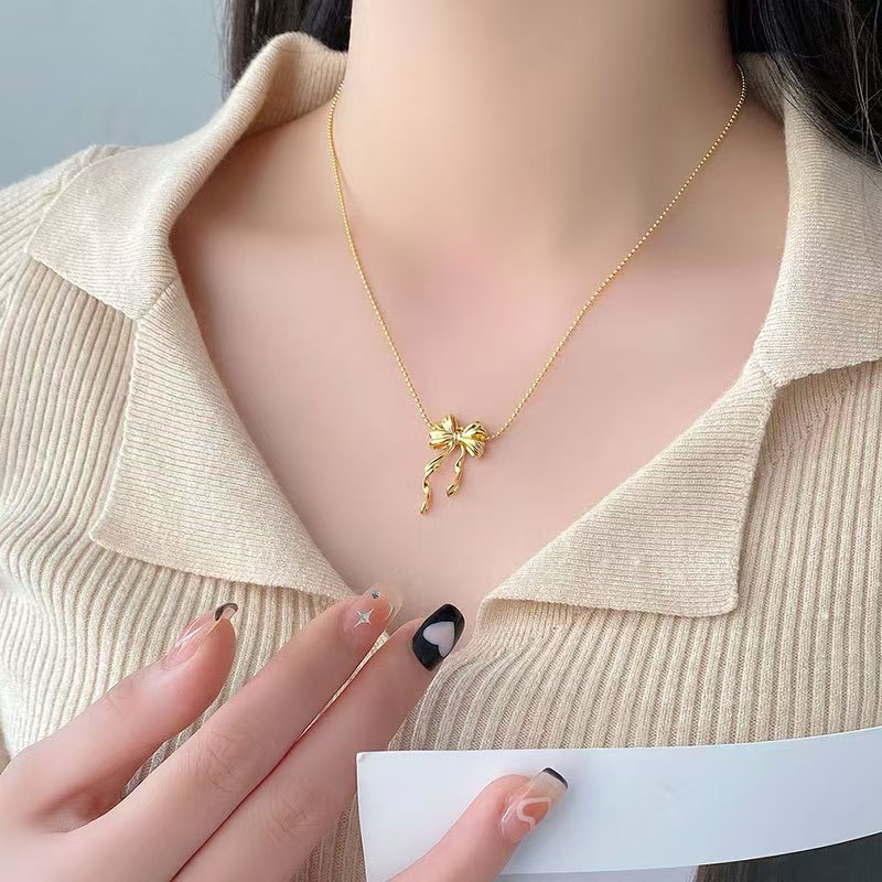 Collier géométrique dynamique à double rangée de nœud papillon pour femme, minimaliste, perles rondes, chaîne ras du cou en alliage plaqué._voghion.com
