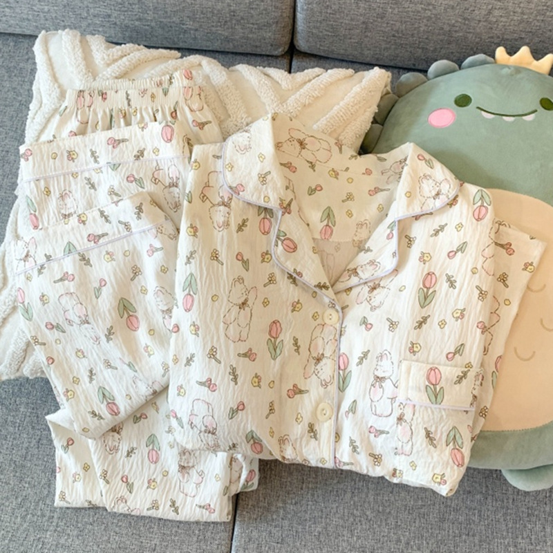 扎染条纹云朵纯棉纱睡衣女春秋季长袖简约可外穿开衫家居服夏套装|undefined