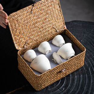 rattan tea set suit ceramic one pot three cups teapot tea cup kung fu tea set outdoor travel tea